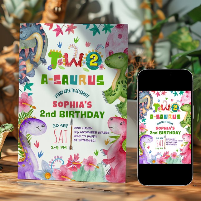 Cute Girl Dinosaur 2nd Birthday Invitation (Creator Uploaded)