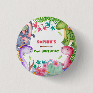 Cute Girl Dinosaur 2nd Birthday Party 1 Inch Round Button