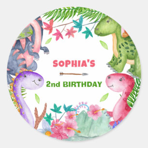Cute Girl Dinosaur 2nd Birthday Party Classic Round Sticker