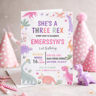 Cute Girl Dinosaur 3rd Birthday Invitation