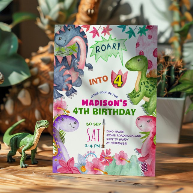 Cute Girl Dinosaur 4th Birthday Invitation (Créateur téléchargé)