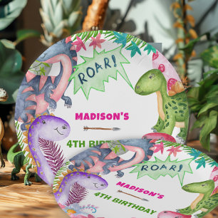 Cute Girl Dinosaur 4th Birthday Party Paper Plate