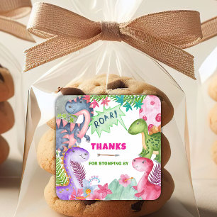 Cute Girl Dinosaur 4th Birthday Thank You Square Sticker