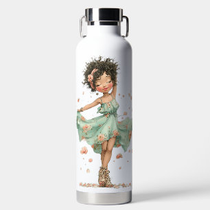 CUTE GIRL DRESSED IN SUMMER GREEN DRESS & FLOWERS WATER BOTTLE