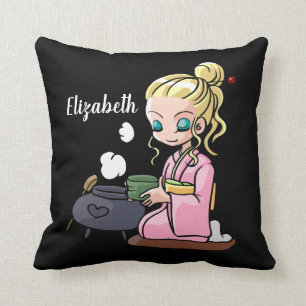 Cute Girl Drinking Tea Personalized Throw Pillow