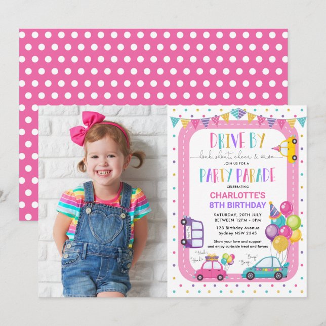 Cute Girl Drive Thru Birthday Party Parade Photo Invitation (Front/Back)