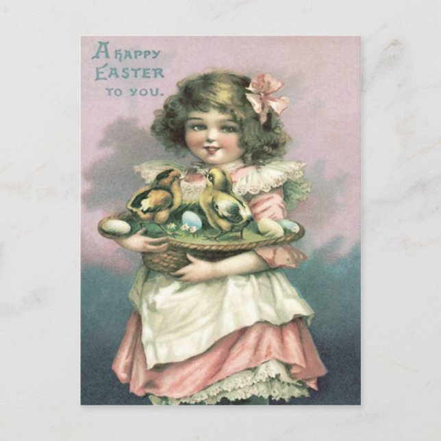 Cute Girl Easter Basket Chick Coloured Egg Holiday Postcard (Front)