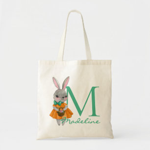 Cute Girl Easter Bunny Initial and Name Tote Bag