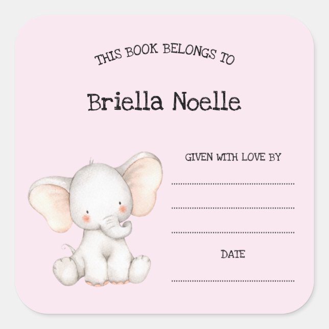 Cute girl elephant baby shower bookplate square sticker (Front)