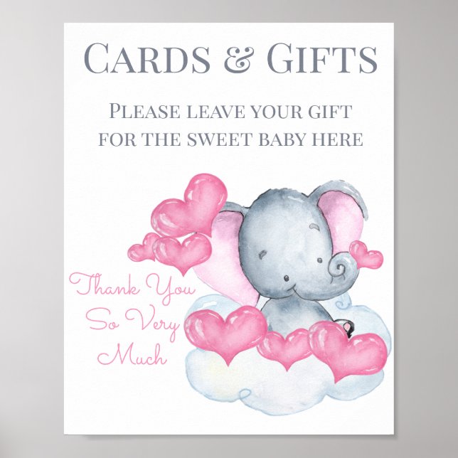 Cute Girl Elephant Baby Shower Gift Table Sign (Front)
