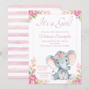 Cute Girl Elephant Baby Shower Invitation