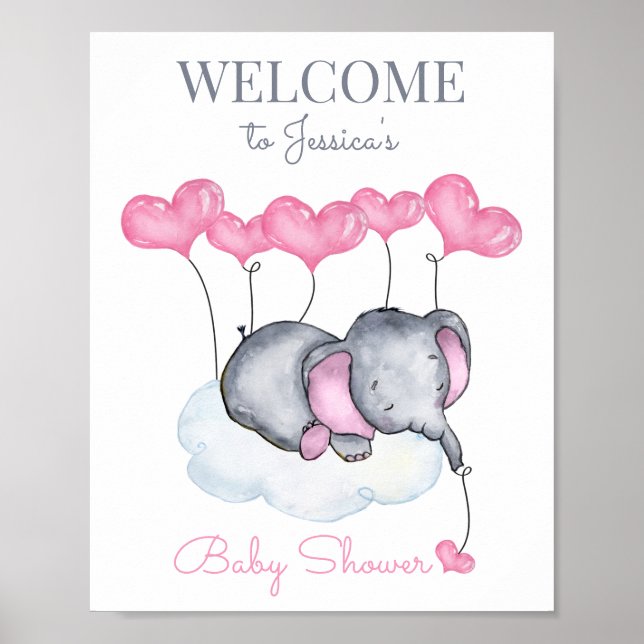 Cute Girl Elephant Baby Shower Welcome Sign (Front)