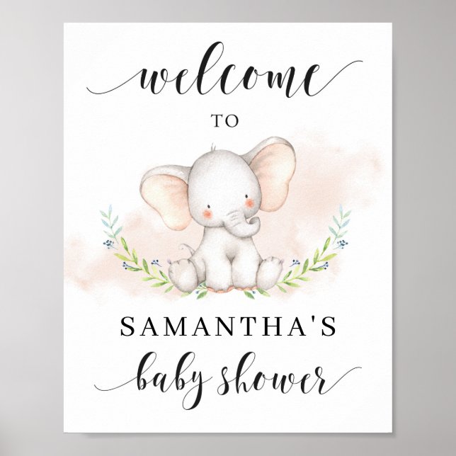 Cute Girl Elephant Baby Shower Welcome Sign (Front)