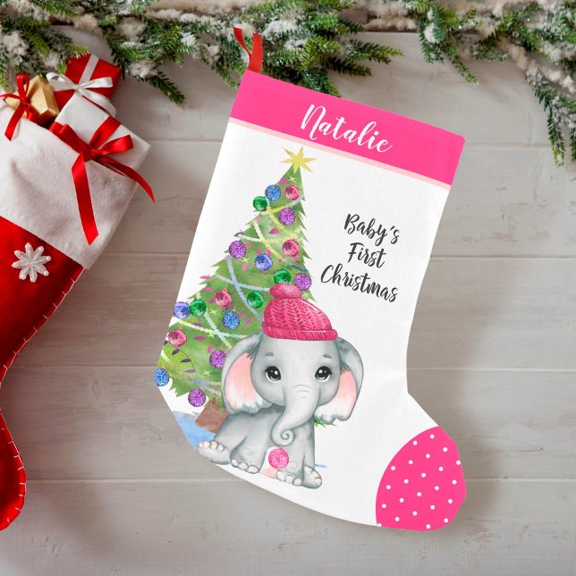 Cute Girl Elephant BABY'S FIRST CHRISTMAS Pink Small Christmas Stocking (Creator Uploaded)