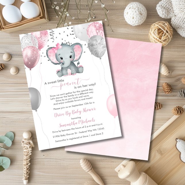 Cute Girl Elephant Balloons Drive By Baby Shower Invitation (Cute Girl Elephant Balloons Drive By Baby Shower Invitation)