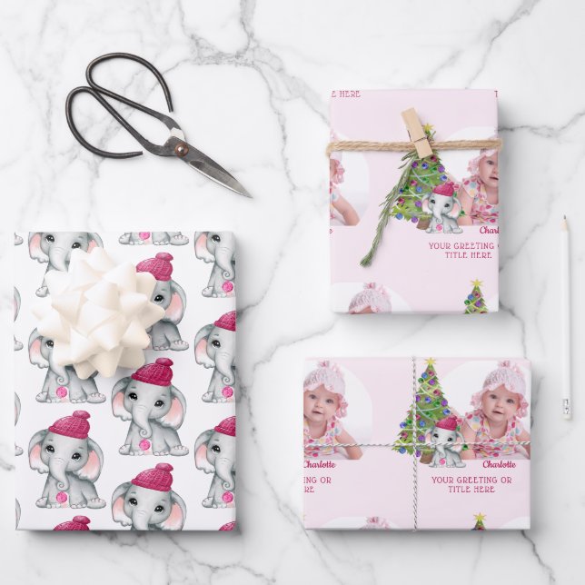 Cute Girl Elephant Photo Name Christmas Pink Wrapping Paper Sheet (Front)