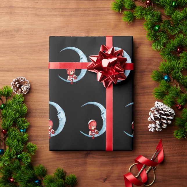 Cute Girl Elf Sitting on Moon Black Christmas  Wrapping Paper (Holiday Gift)