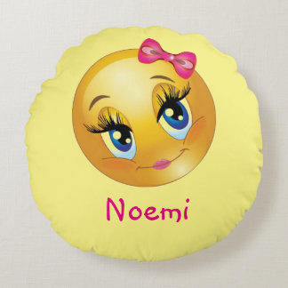 Cute Girl Emoji Round Throw Pillow (16")