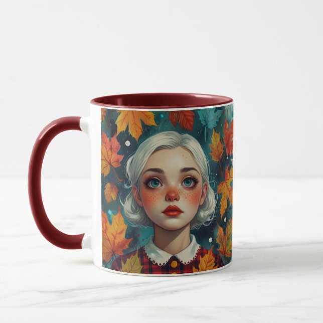 Cute Girl Fall Leaves Autumn Colors Mug (Left)