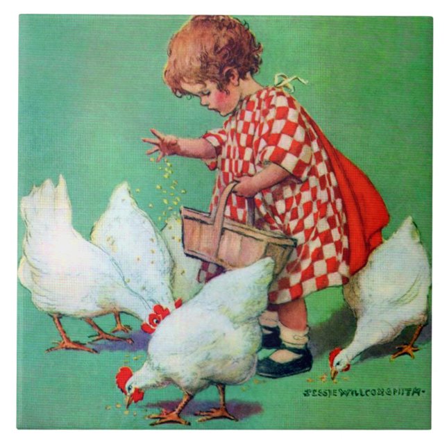 Cute Girl Feeding Hens by Jessie Willcox Smith Tile (Front)