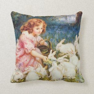 Cute Girl Feeding the Rabbits Throw Pillow