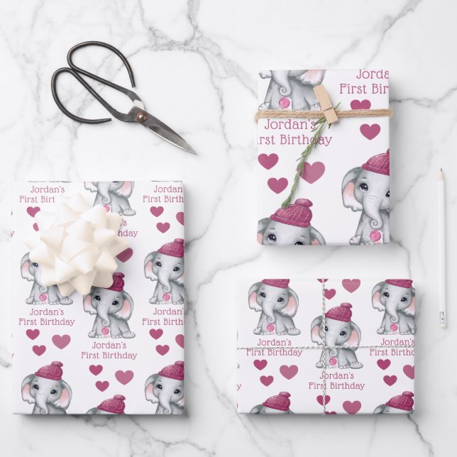 Cute Girl First Birthday Pink Elephant Personalize Wrapping Paper Sheet (Front)
