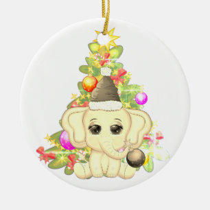 Cute Girl First Christmas Orange Elephant Baby's Ceramic Ornament