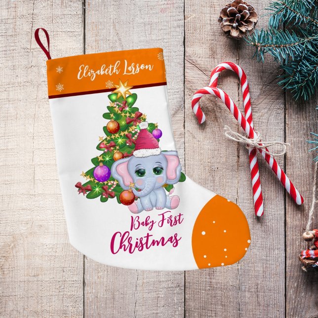 Cute Girl FIRST CHRISTMAS Orange Elephant BABY'S Small Christmas Stocking (Creator Uploaded)
