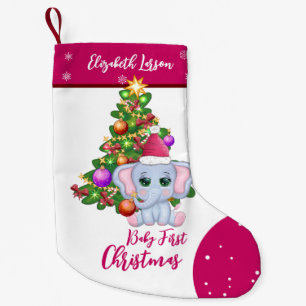 Cute Girl FIRST CHRISTMAS Pink Elephant BABY'S Small Christmas Stocking