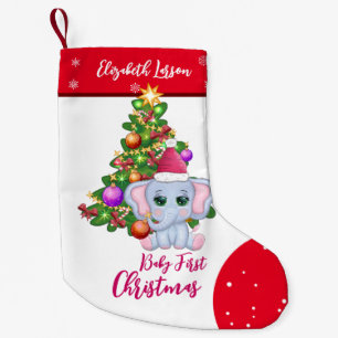 Cute Girl FIRST CHRISTMAS Red Elephant BABY'S Small Christmas Stocking