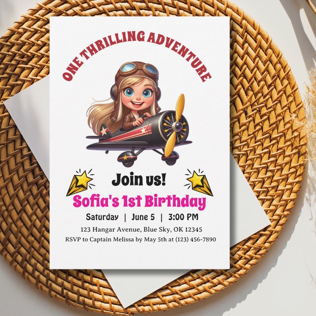 Cute Girl Flying Airplane, Aviation First Birthday Invitation (Creator Uploaded)