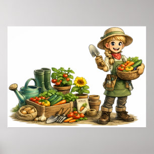 Cute Girl Gardener Harvesting Vegetables Art Poster