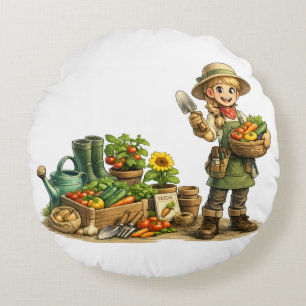 Cute Girl Gardener Harvesting Vegetables Art Round Pillow