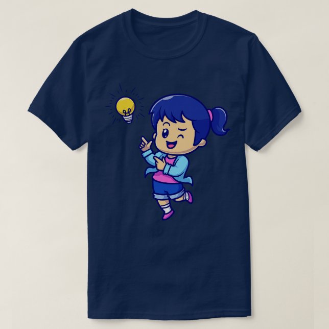 Cute Girl Get Idea Cartoon T-Shirt (Design Front)