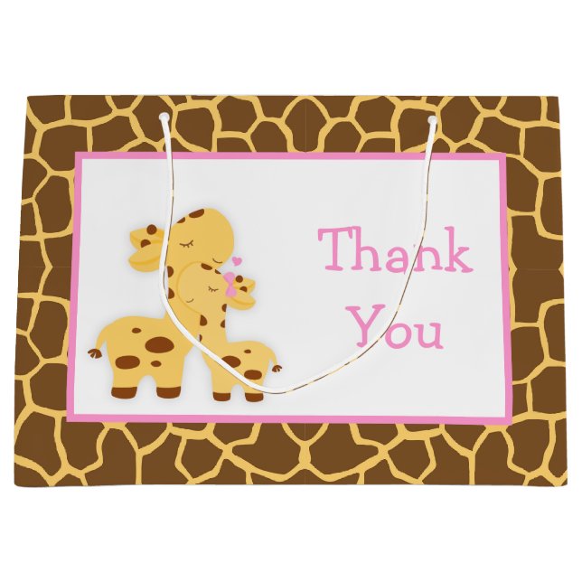 Cute Girl Giraffe Baby Shower Thank You Large Gift Bag (Front)