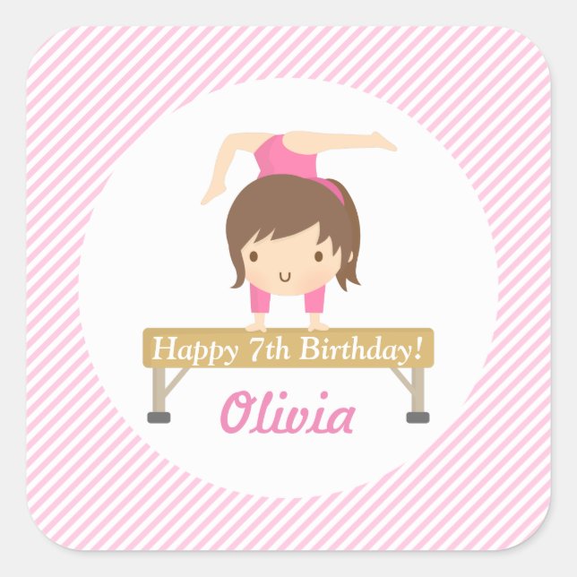 Cute Girl Gymnastics Kids Birthday Party Square Sticker (Front)