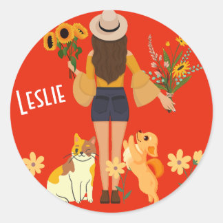 Cute girl holding sunflowers Cat & Dog  Classic Round Sticker