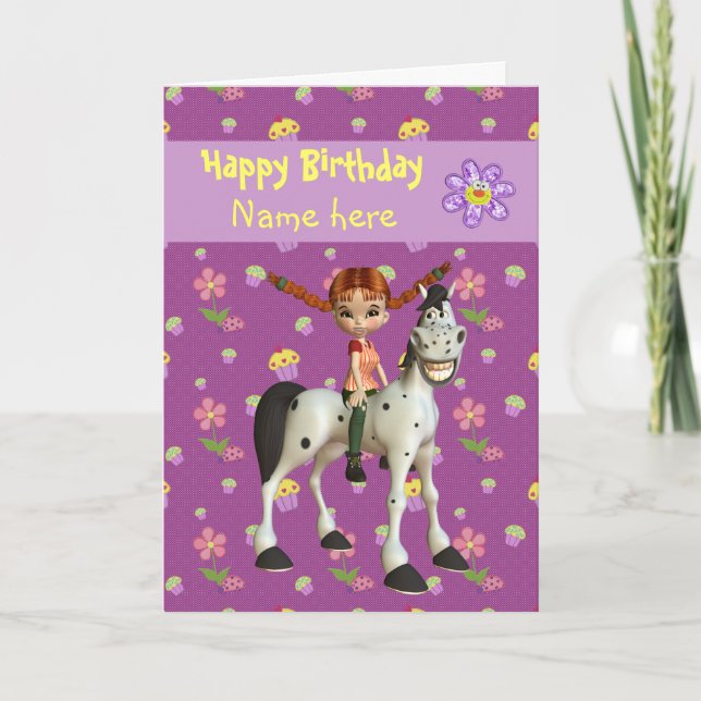 Cute Girl, Horse & Flowers Personalized Birthday Card (Front)