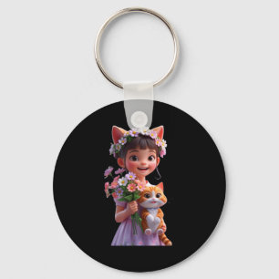 Cute girl hugging a cat fanny unisex design men keychain