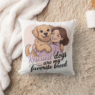 Cute Girl Hugging Rescue Dog Kawaii Illustration Throw Pillow