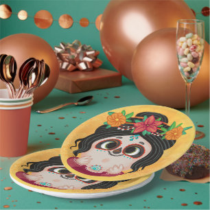 Cute girl in a Day of the Dead Halloween costume Paper Plate