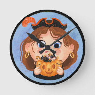 Cute girl in a pirate Halloween costume Candy Tin Round Clock