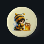 Cute Girl in Bee Costume with Honey 2 Inch Round Button<br><div class="desc">Button with a cute image. A girl in a crocheted bee costume with a bee by her side. Watching over a jar of honey.</div>