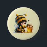 Cute Girl in Bee Costume with Honey 2 Inch Round Button<br><div class="desc">Button with a cute image. A girl in a crocheted bee costume with a bee by her side. Watching over a jar of honey.</div>