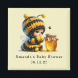 Cute Girl in Bee Costume with Honey Baby Shower Magnet<br><div class="desc">Baby Shower save the date / keepsake magnet with a cute image. A girl in a crocheted bee costume with a bee by her side. Watching over a jar of honey.</div>
