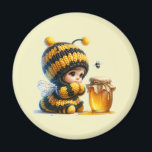 Cute Girl in Bee Costume with Honey Magnet<br><div class="desc">Magnet with a cute image. A girl in a crocheted bee costume with a bee by her side. Watching over a jar of honey.</div>