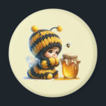 Cute Girl in Bee Costume with Honey Magnet<br><div class="desc">Magnet with a cute image. A girl in a crocheted bee costume with a bee by her side. Watching over a jar of honey.</div>