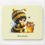 Cute Girl in Bee Costume with Honey Mouse Pad<br><div class="desc">Mousepad with a cute image. A girl in a crocheted bee costume with a bee by her side. Watching over a jar of honey.</div>