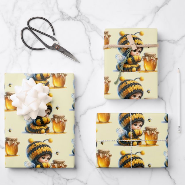 Cute Girl in Bee Costume with Honey Pattern Wrapping Paper Sheet (Front)