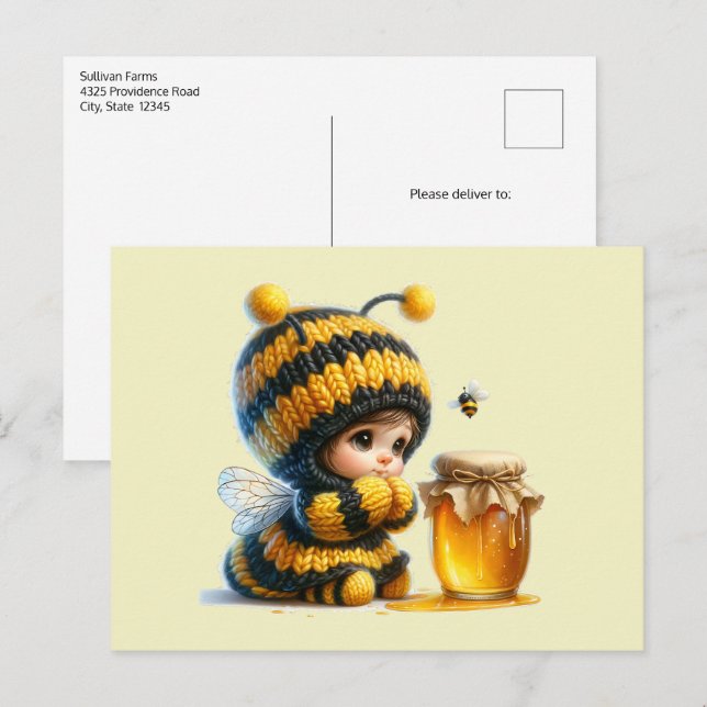 Cute Girl in Bee Costume with Honey Postcard (Front/Back)